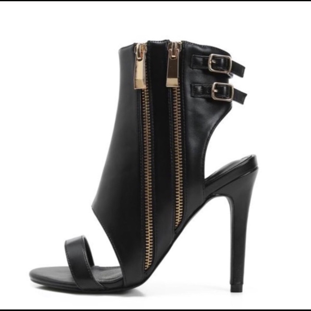 BLACK DOUBLE GOLD ZIPPER DETAILED BOOTIE HEELS - Picture 3 of 8